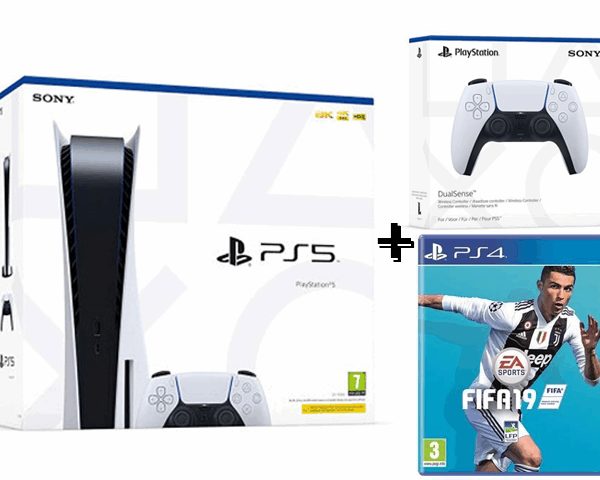 PACK PLAYSTATION SONY PS5 825GB+MANETTE +CD DE JEUX FIFA 19 PS4 2019w