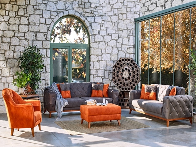 SALON TISSU 6 PLACES FENTON COULEUR GRIS FONCE G50/ ORANGE G53