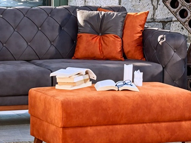 SALON TISSU 6 PLACES FENTON COULEUR GRIS FONCE G50/ ORANGE G53