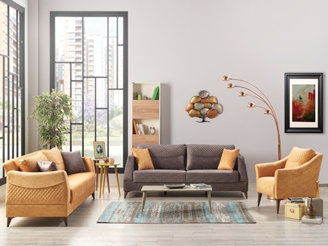 SALON TISSU 6 PLACES JENNA COULEUR GRIS 5215+JAUNE 5209