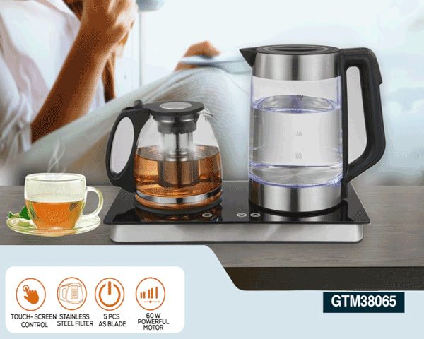 BOUILLOIRE ELECTRIQUE 1.8L GEEPAS INOX +THETHIERE VERRE 1.2L GTM38065
