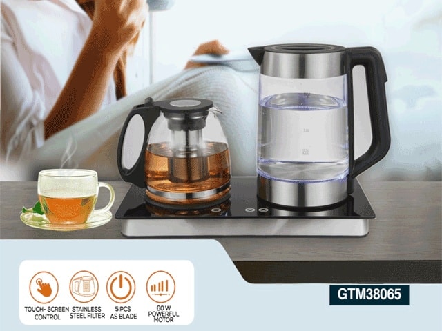 BOUILLOIRE ELECTRIQUE 1.8L GEEPAS INOX +THETHIERE VERRE 1.2L GTM38065