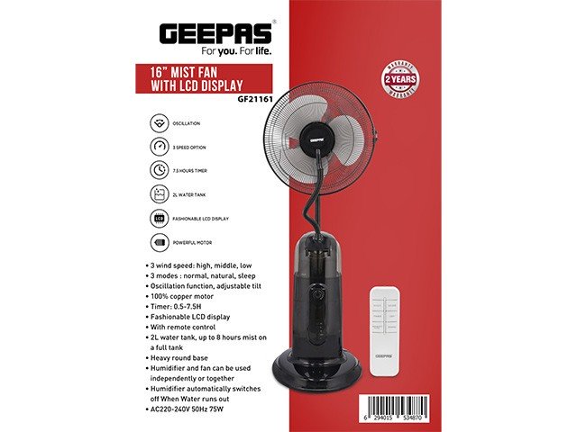 VENTILATEUR BRUMISATEUR 16" 2L GEEPAS GF21161 NOIR AVEC TELECOMMANDE