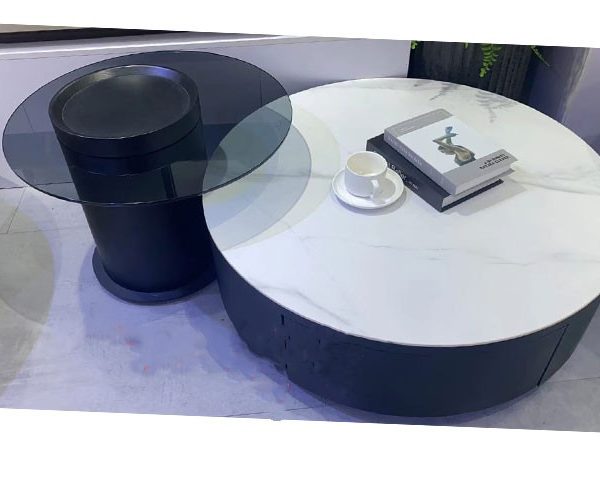 TABLE BASSE EN MARBRE REF 1871 Ø90+Ø60 COULEUR NOIR/BLANC