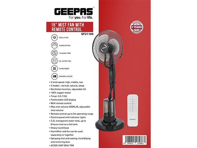 VENTILATEUR BRUMISATEUR 16" 3.2L GEEPAS GF21160 NOIR AVC TELECOM RECO