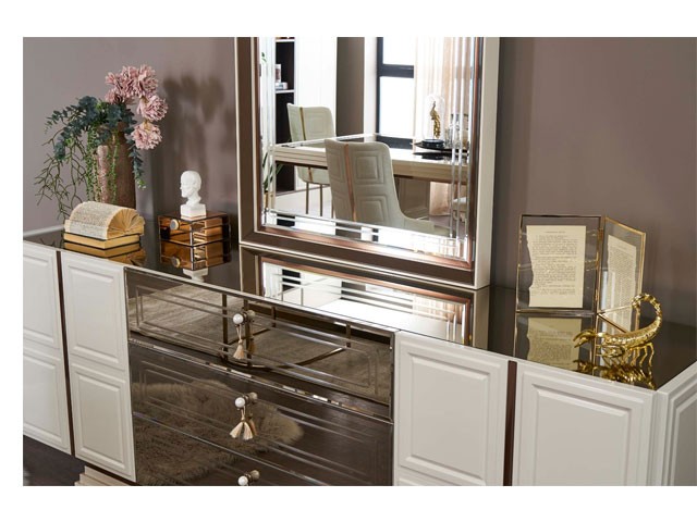 MEUBLE TV FELIX 490x2210x280+BUFFET MIRROIR+TAM 6 PLACES BEIGE ARGENT