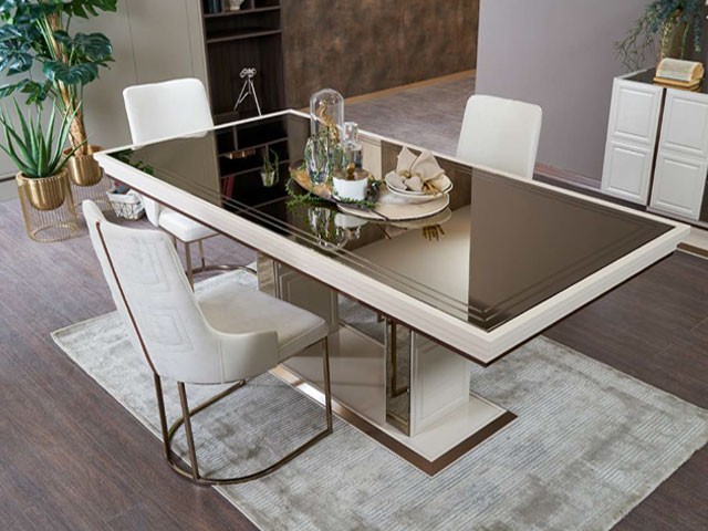 MEUBLE TV FELIX 490x2210x280+BUFFET MIRROIR+TAM 6 PLACES BEIGE ARGENT