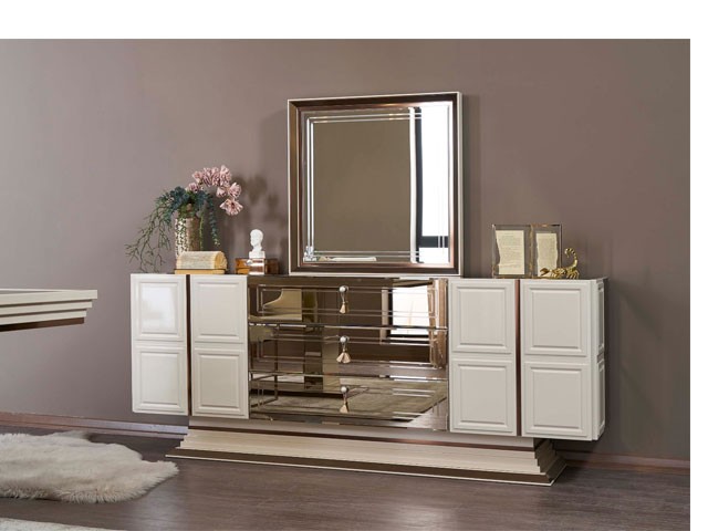 MEUBLE TV FELIX 490x2210x280+BUFFET MIRROIR+TAM 6 PLACES BEIGE ARGENT