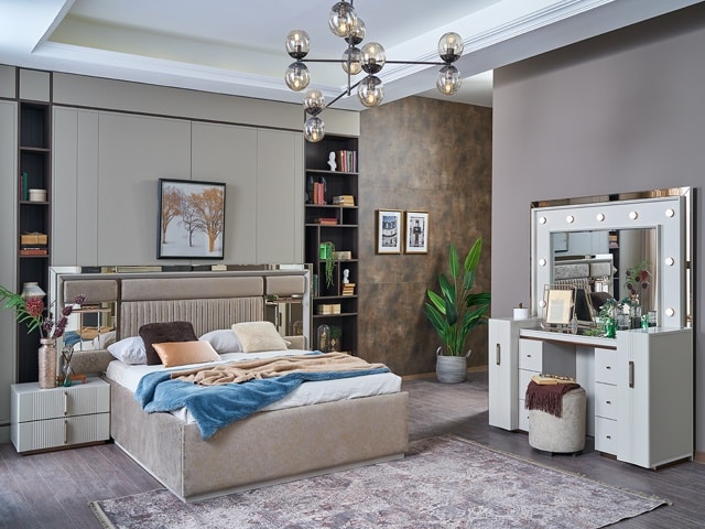 CHAMBRE A COUCHER 180X200 COMPLETE CREA PORTES BATTANTES