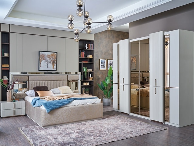 CHAMBRE A COUCHER 180X200 COMPLETE CREA PORTES BATTANTES