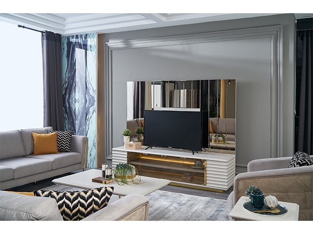 MEUBLE TV VERONA 180*243*55+BUFFET+MIRROIR+TAM 6 PLACES BEIGE/MARRON
