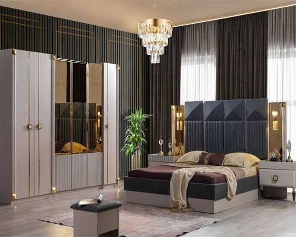 CHAMBRE A COUCHER 180X200 COMPLETE DORE PORTES BATTANTES CREME GRIS