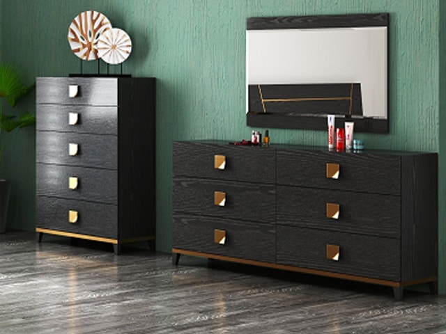 CHAMBRE A COUCHER 180X200 REF 0121 PORTES BATTANTES NOIR/GOLD