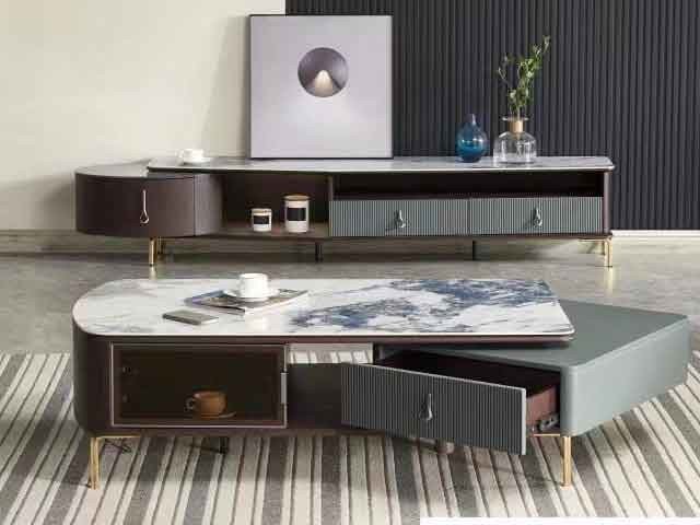 TABLE TELEVISEUR REF 3078+TABLE BASSE REF 3078 COULEUR MARRON/GRIS