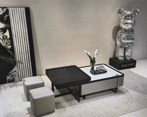 TABLE BASSE AVEC POUF REF T2390 1300-1500X700X380 CLR GRIS BLANC/NOIR