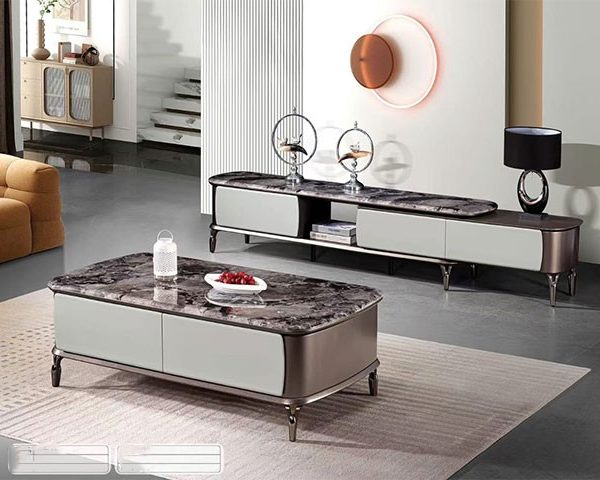 TABLE TV EN MARBRE REF 2000 +TABLE BASSE EN MARBRE REF 130 VERT/GRIS