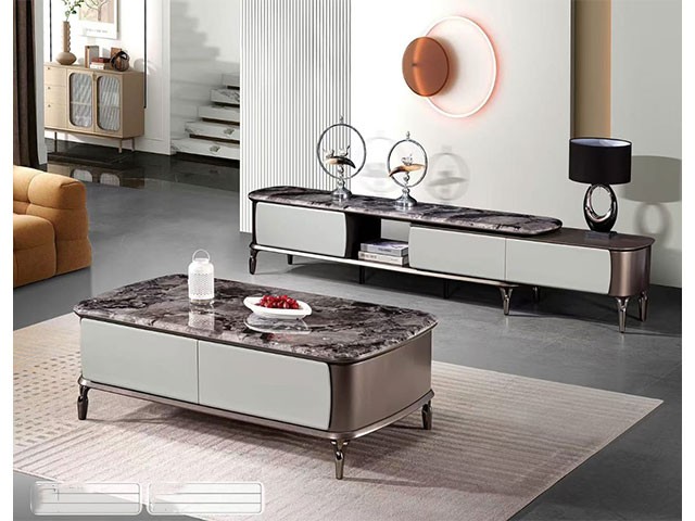 TABLE TV EN MARBRE REF 2000 +TABLE BASSE EN MARBRE REF 130 VERT/GRIS