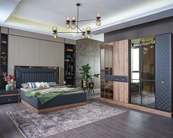 CHAMBRE A COUCHER 180X200 SARA COULISSANTES GRISMARRON+MEUBLE+POUF