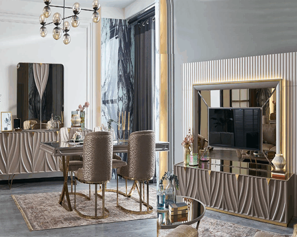 MEUBLE TV VALS 480x2180x120+BUFFET MIRROIR+TAM 6 PLACES GRIS ARGENT