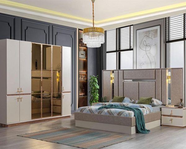 CHAMBRE A COUCHER 180X200 PLUS BATTANTES BEIGE BLANC+MEUBLE+POUF+BANC