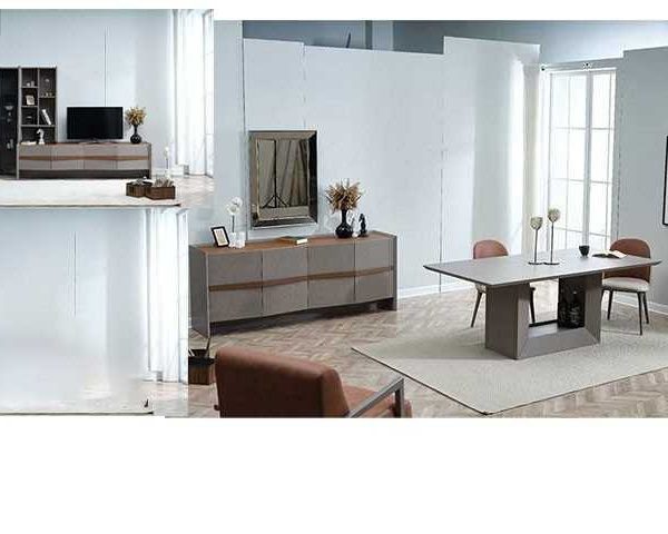 MEUBLE TV OLIVIA 180*243*55 +BUFFET+MIRROIR+TAM 6 PLACES GRIS/MARRON