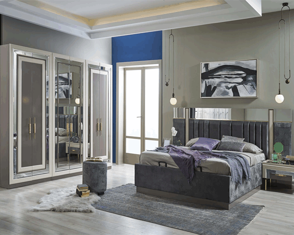 CHAMBRE A COUCHER 180X200 COMPLETE PORTES BATTANTES RUBY BEIGE GRIS