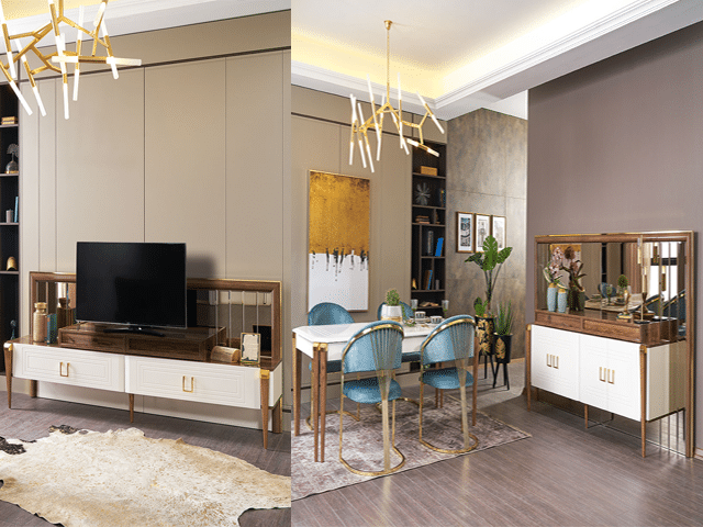 PACK MEUBLE TV PARIS 210*44*180+TABLE A MANGER 6 PLACES+BUFFET