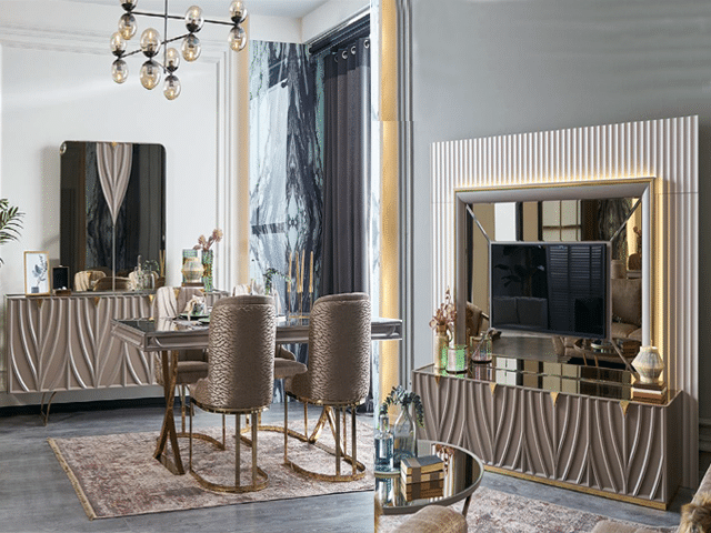 PACK MEUBLE TV VALS 480x2180x120+BUFFET MIRROIR+TAM 6 PLC BEIGE/DOREE