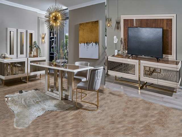 PACK MEUBLE TV LARISSA 2705x475x65+BUFFET MIRROIR+TAM 6 PL MINK/CREME