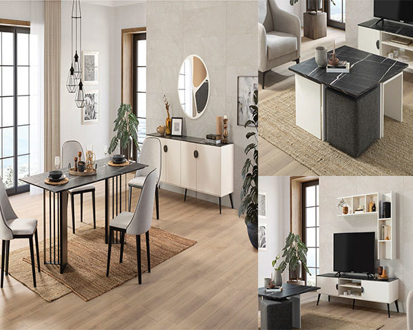 TABLE A MANGER 6 PLACES NIA+BUFFET+MEUBLE TV+TABLE BASSE CLR NOIRE