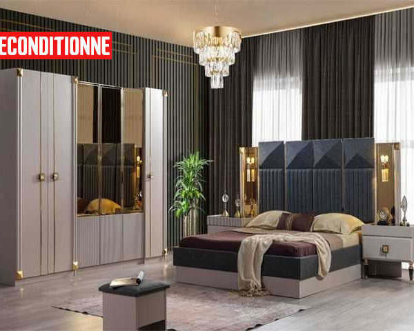 CHAMBRE A COUCHER 180X200 COMPLETE DORE PORTE BATT CREME GRIS RECON Z