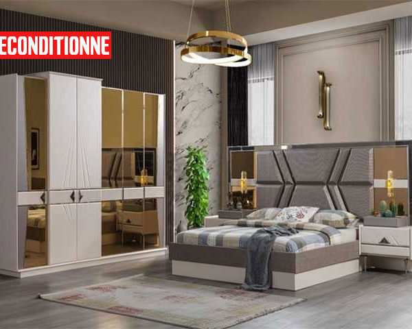CHAMBRE A COUCHER 180X200 COMPLETE LUX PORTE BATT MARRON BEIGE RECO Z