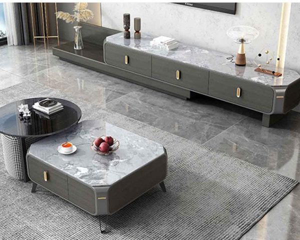 MEUBLE TV REF T10+TABLE BASSE REF A10 COULEUR GRIS/BLANC