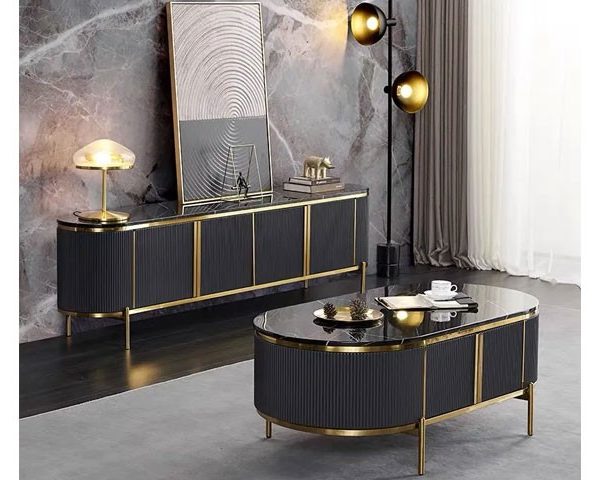 MEUBLE TV REF T8035+TABLE BASSE MARBRE REF A8035 GRIS/DOREE