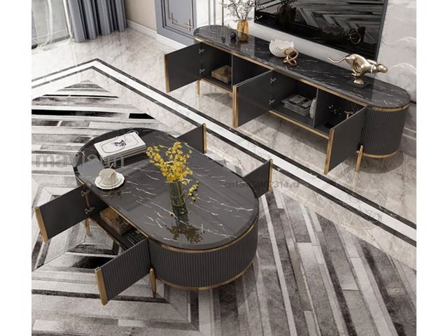 MEUBLE TV REF T8035+TABLE BASSE MARBRE REF A8035 GRIS/DOREE