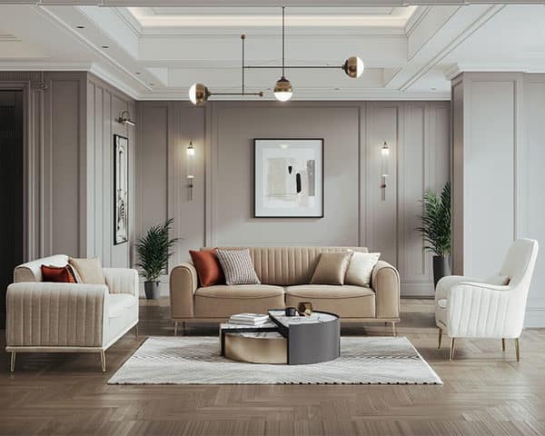 SALON TISSU 6 PLACES VOLETA COULEUR MARRON / BLANCHE