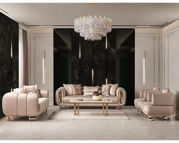 SALON EN TISSU 8 PLACES (3+3+1+1)+ TABLE BASSE ASOS CLR BEIGE DOREE