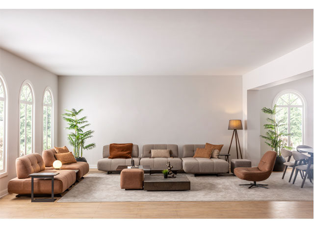 SALON EN TISSU 9 PLACES (4+3+1+1)+TABLE BASSE HAVANA CLR MARRON/GRIS