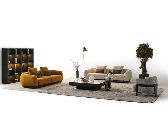 SALON EN TISSU 9 PLACES (4+3+1+1) MOON COULEUR BEIGE/JAUNE/GRIS