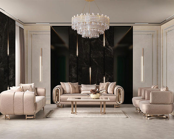 SALON EN TISSU 8 PLACES (3+3+1+1)+TABLE BASSE PERA BEIGE/MARRON/DOREE