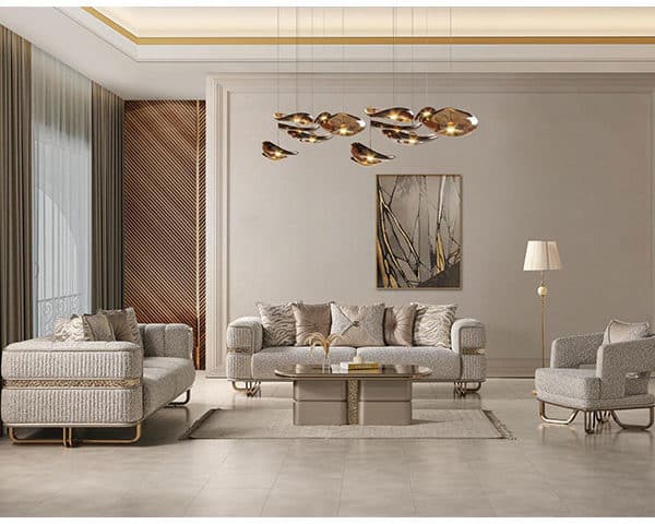 SALON TISSU 8 PLACES (3+3+1+1)+TABLE BASSE PERA BEIGE/MARRON/DOREE