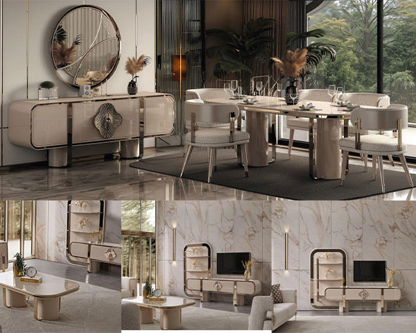 CONSOLE MIRROIR NEVA 220*48*88+TABLE BASSE+TABLE TV+TAM 6 PLCES BEIGE