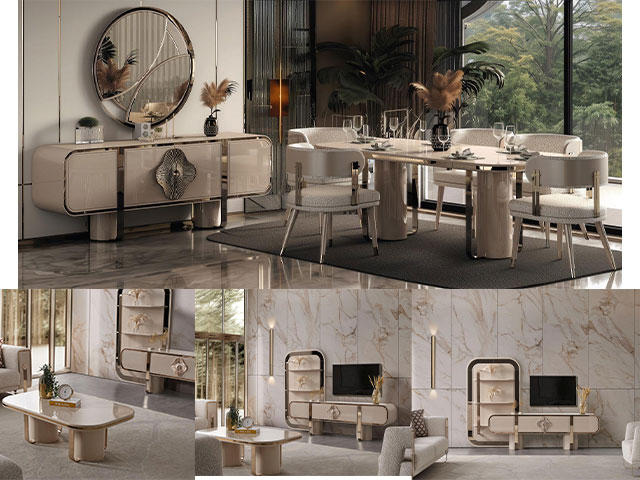 PACK NEVA CONSOLE+TABLE BASSE ET TV+POUF+TABLE A MANGER 6 PLACES