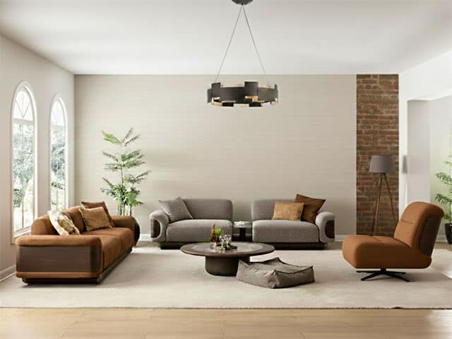 SALON EN TISSU 9 PLACES (4+3+1+1)+TABLE BASSE ARMIS CLR MARRON/GRIS