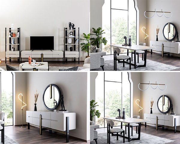 PACK BERGAMA BUFFET MIRROIR+TABLE COIN+MEUBLE TV+TABLE A MANGER 6PL Z