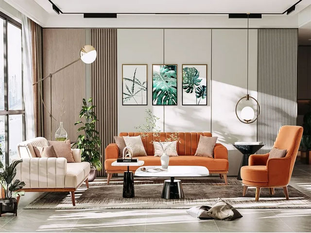 SALON TISSU 6 PLACES LIGERO COULEUR BEIGE ORANGE