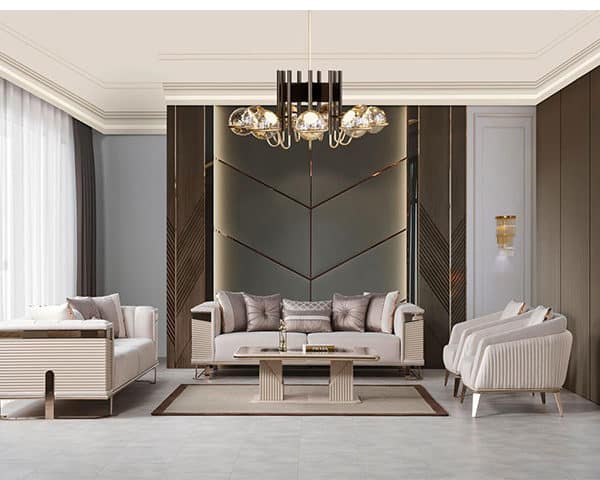 SALON EN TISSU 8 PLACES (3+3+1+1)+TABLE BASSE DELUX CLR BEIGE DOREE