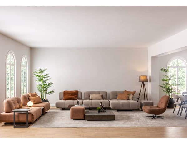 SALON EN TISSU 9 PLACES (4+3+1+1)+TABLE BASSE HAVANA CLR MARRON/GRIS