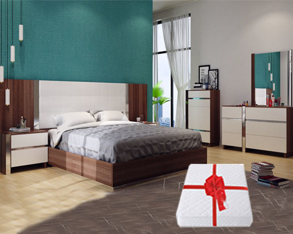 CHAMBRE A COUCHER 180X200 COMPLETE 0127 6 PTES MARRON BLANC+MATELAS