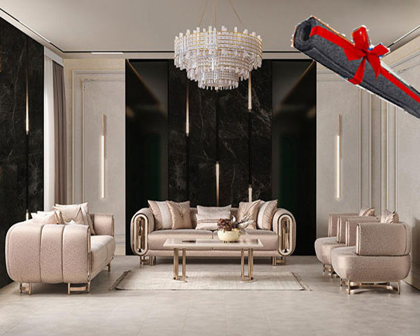 SALON TISSU 8 PLACES(3+3+1+1)+TABLE BASSE ASOS BEIGE DOREE